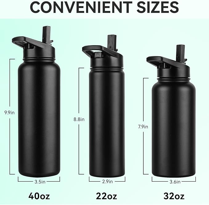 DOMICARE 40 oz Insulated Water Bottle Bulk, Vacuum Insulated Stainless Steel Sports Water Bottle with Straw Lid & Spout Lid, Leakproof, Reusable - Travel, Camping, Bike, Black (4 Pack)