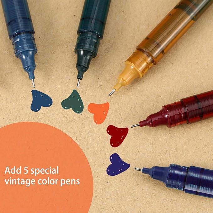 Frienda 12 Pieces Rolling Ball Pens 0.5 mm Japanese Quick Drying Fine Point Pens Liquid Ink Smooth Writing for Office Student Back to School Supplies(Retro Colors and Black)
