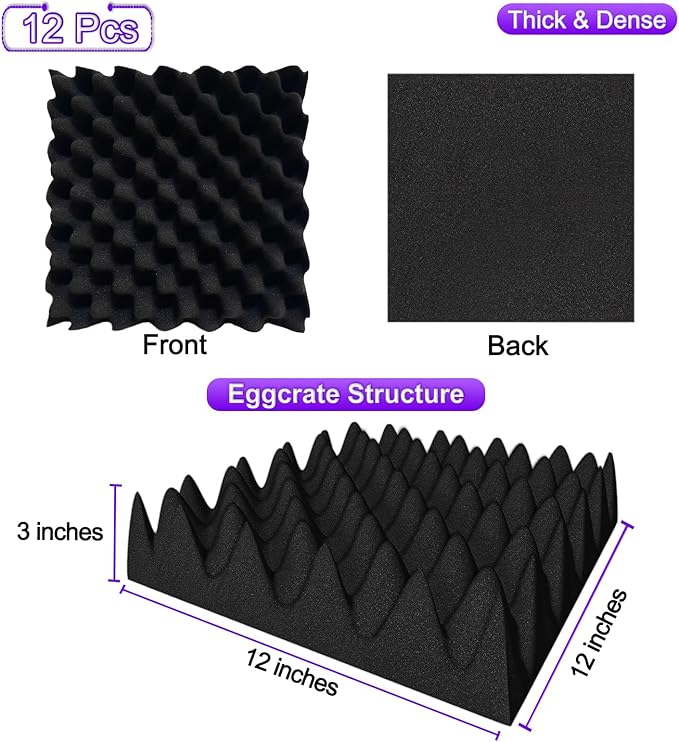 TroyStudio Thick Acoustic Foam Panels, 12 X 12 X 3 Inch 12 Pcs Broadband Sound Absorbing Foam, Dense Soundproof Padding Tile, Recording Studio Foam Absorber, Eggcrate Decorative 3D Wall Ceiling Panel
