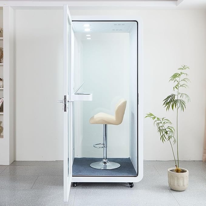 Mobile Office Pod Booth, Solo Soundproof Pod with High-Density Acoustic Panels, Premium Sound Pod with Silent Ventilation, Wheels and Feet, Build-in Table, LED Lighting System, USB Ports (White-Grey)