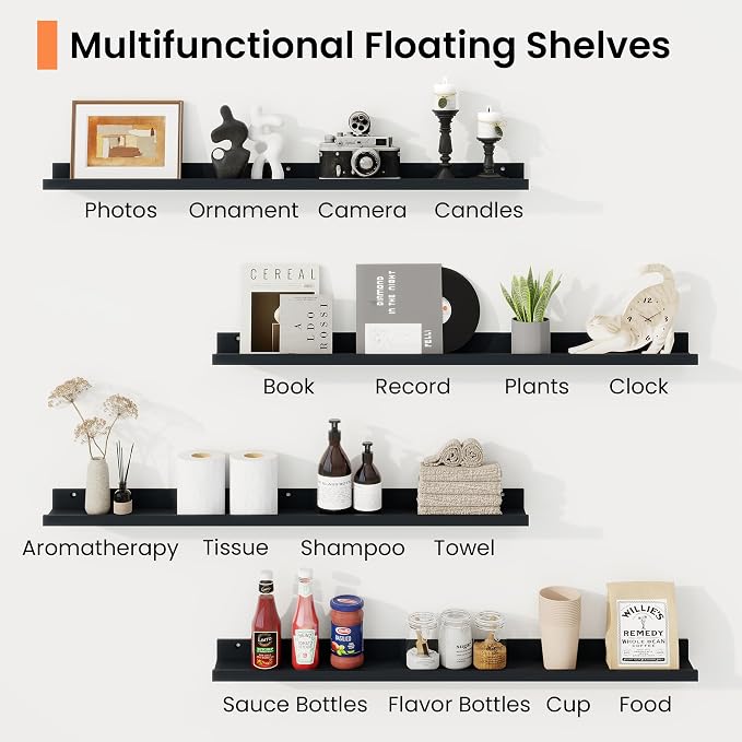 RICHFOCUS Picture Ledge Shelf, 48 inch Floating Shelves Set of 2, Wood Wall Shelves with Lip, Wall Decor Storage for Bedroom Living Room Bathroom Kitchen Nursery Photo Picture, Black