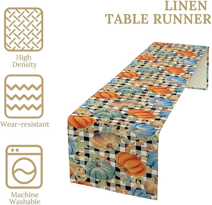 Fall Pumpkin Table Runner Black White Plaid Maple Leaves Watercolor Illustration Rustic Thanksgiving Home Decor for Farmhouse Indoor Outdoor Party Holiday Dining Kitchen Restaurant Cafe W13xL90in