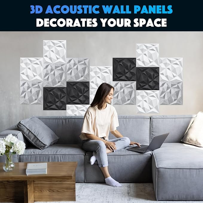 Acoustic 3D Wall Panels,24 Pack Sound Proof Felt Panels for Interior Wall Décor, Hollow Sound Absorbing Panel for Studio, Living Room, Home, Hotel, 12''x12'' Cover 24 sq ft (Light Grey, 24 Pack)