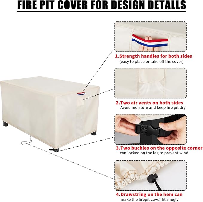 Youlvy Fire Pit Cover Rectangular 56 Inch - Waterproof Outdoor Fire Table Cover Rectangle Heavy Duty, 600D Patio Propane Gas Firepit Cover Rectangular Tear Weather Resistant - 56 x 25 x 14 Inch Beige