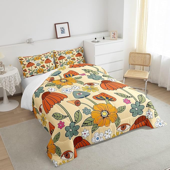 Castle Fairy Retro Flowers Comforter Set Full Size,70s Floral Mushroom Bedding Comforters Room Decor,Art Hippie Plant Eye Print Quilt Set with 2 Pillowcases,Teens Present