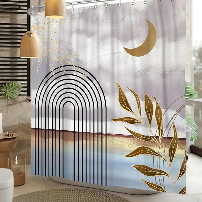 Mid Century Boho Shower Curtain Abstract Modern Minimalist Geometric Arch Bathroom Curtain Gold Leaves Aesthetic Waterproof Bath Decor Polyester Fabric with Hooks 72x72 inch