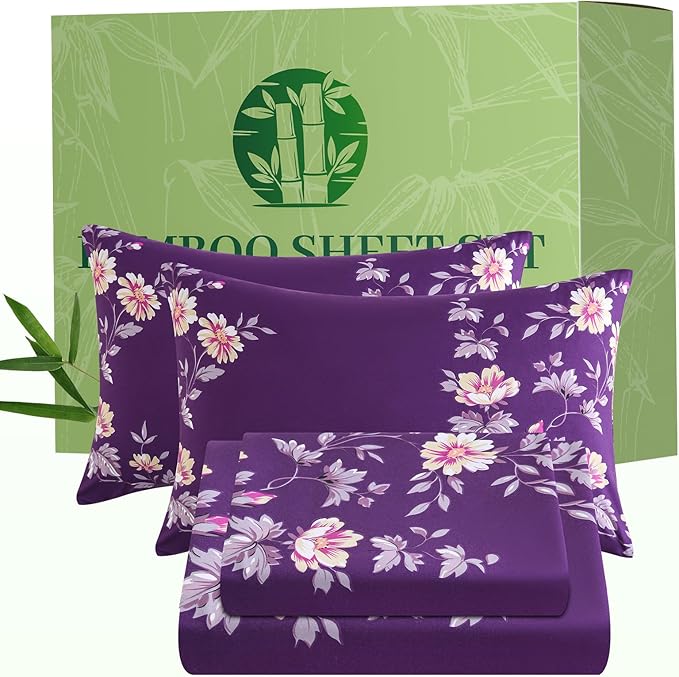 Bedlifes Full Floral 4-Piece Sheet Set - Cooling Sheets Blend Rayon Derived from Bamboo,Soft & Breathable, Deep Pocket 16", Wrinkle Resistant - Vibrant Boho Floral Dark Purple