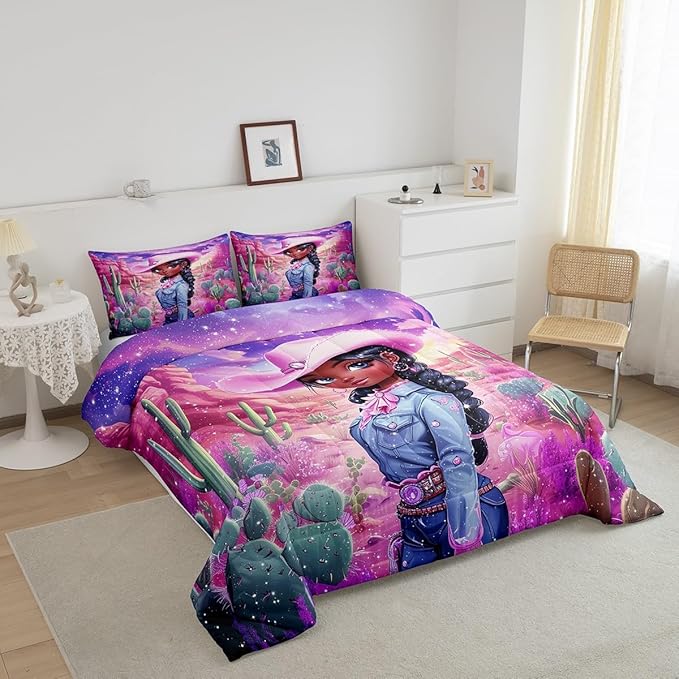 Western Cowgirl Full Size Comforter Set,Reversible African Style Cute Girl Print Black Bedding Comforters Bedroom Collection,Dreamy Stars Purple Galaxy Sparkling Bedding Set for Girls Teens