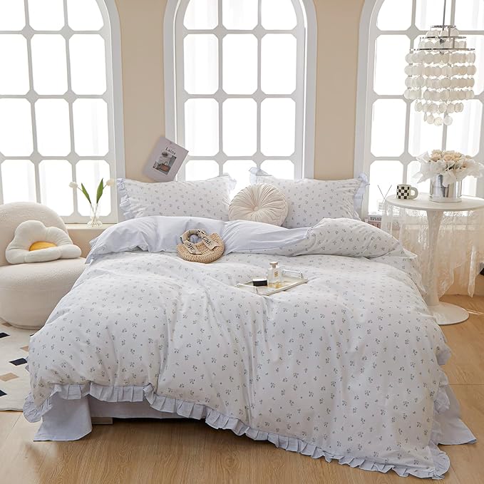Blue Floral Duvet Cover Full Cute Flower Ruffle Duvet Cover White Soft 100% Cotton Lace Comforter Cover Floral Print Girls Princess Bedding Sets Vintage Botanical Flower Duvet Cover with 2 Pillowcases