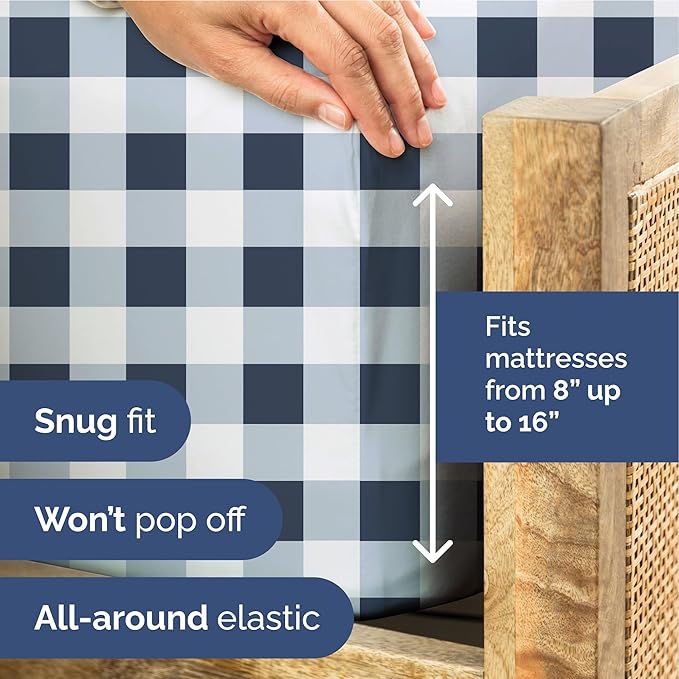 Blue Gingham Bed Sheet Set – 1 Flat & 1 Fitted Sheet & 1 Pillowcase w/ Deep Pockets – Grid, Plaid, Checkered Pattern Bedding - Wrinkle & Fade Resistant - Soft, Breathable and Cooling - Twin XL Size