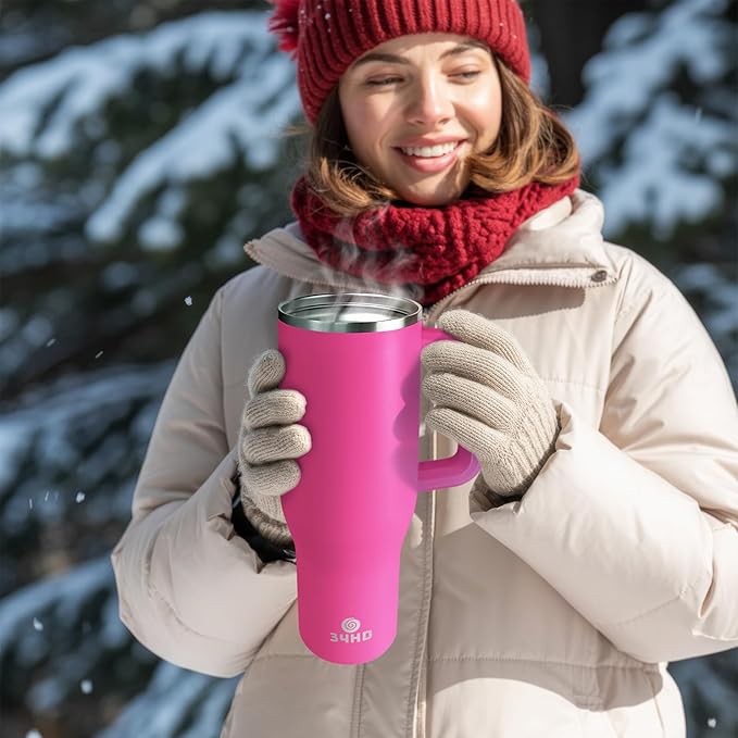 34HD 40 oz Stainless Steel Tumbler - Leakproof Insulated Water Bottle with Handle, Magnetic Lid and Flexible Straw - Iced for 48 Hours – Perfect for Men, Women, Birthday Gift, Pink - Hot Pink