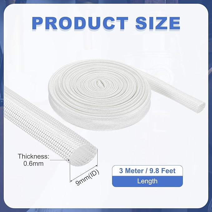 uxcell Insulation Cable Protector,9mm/0.35 Inch-3m/10 Feet High Temp Fiberglass Sleeve White