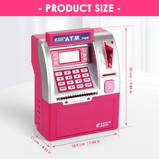 ATM Piggy Bank with Card and Password, Electronic Savings Bank Machine for Real Money, Mini ATM Coin and Cash Deposit Box with Target Setting, Clock and Sound – Pink Dollar Edition