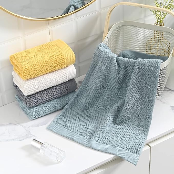 sense gnosis Lime White Hand Towel Set of 2 Super Soft Terry Striped Weave Pattern Ultra Absorbent 100% Cotton Bathroom Hand Towel 13 X 29 Inch, Beige