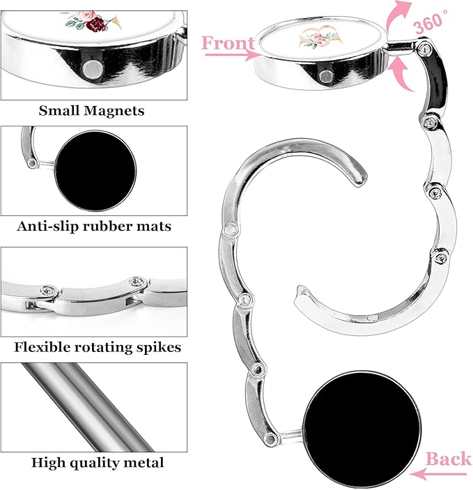 XSUIOY 3Pcs Personalized Initial Foldable Purse Hook for Table,Crushed Flower Letters Folding Purse Hanger,Purse Holder Handbag Hanger Collection Desk Table Bag Hooks Gifts for Women Bag(Pink-B)