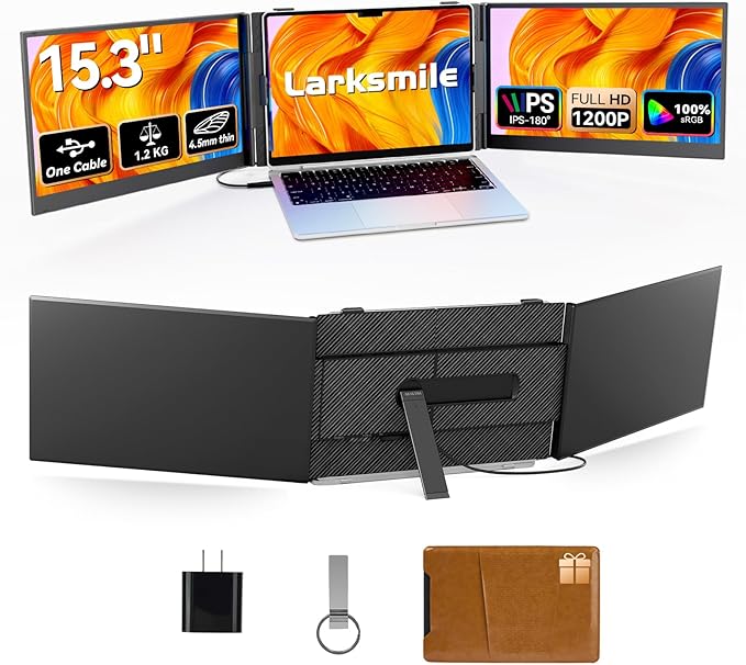 Larksmile Triple Laptop Screen Extender, One Cable Setup 15.3" Portable Monitor for Laptop, 16:10 FHD 1200P Triple Monitor, 100% sRGB Ultra Light External Display for Mac Windows Business Travel