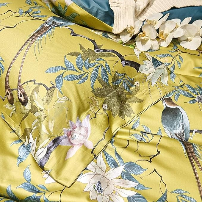 LifeTB Vintage Floral Duvet Cover Set Queen 3 Pieces Birds Flowers Pattern Duvet Cover Luxury Soft Cotton Floral Comforter Cover Garden Style Bird Flowers Bedding Set Queen Size Breathable