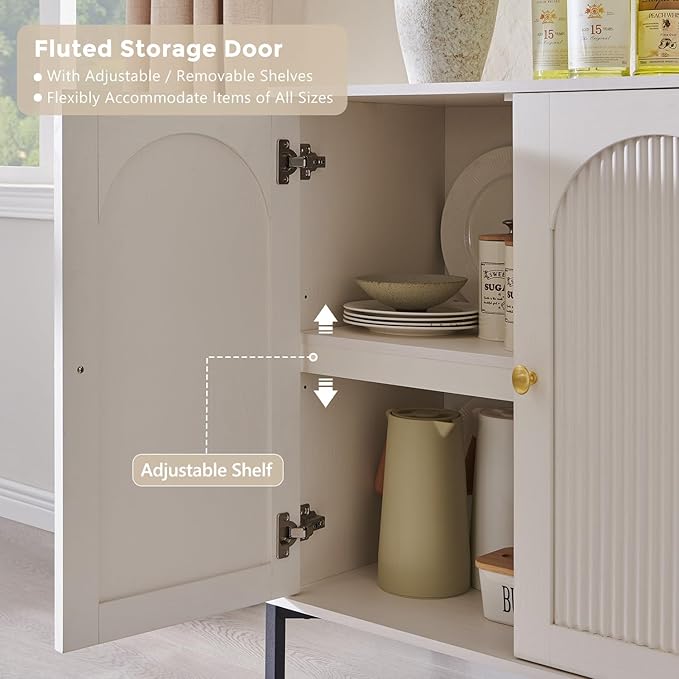 Modern Buffet Cabinet with Storage, 92.63" W Fluted Arched Sideboard Cabinet w/Adjustable Shelves, Wooden Modular Coffee Bar for Dining Room, Kitchen, Living Room, Entryway, White