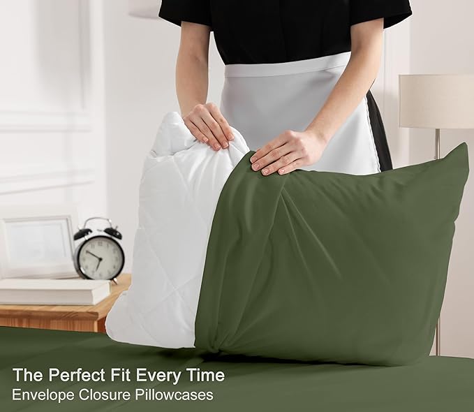 RUVANTI 100% Cotton Sheets Queen Size Set, 4 Pieces, Soft & Breathable Percale Weave Bedding, Deep Pocket 16", Hotel Standard, Crisp Cool Feeling, Durable, Perfect Dyed Bed Sheet, Chive