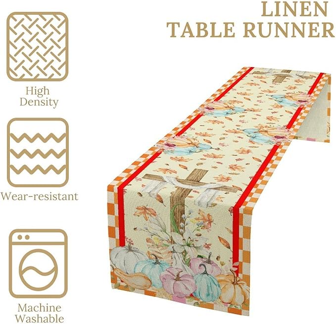 Watercolor Pumpkin Table Runner Fall Flowers Falling Leaves Cross Harvest Season Thanksgiving Rustic Home Decor for Farmhouse Indoor Outdoor Party Holiday Dining Kitchen Restaurant Cafe W13xL120in