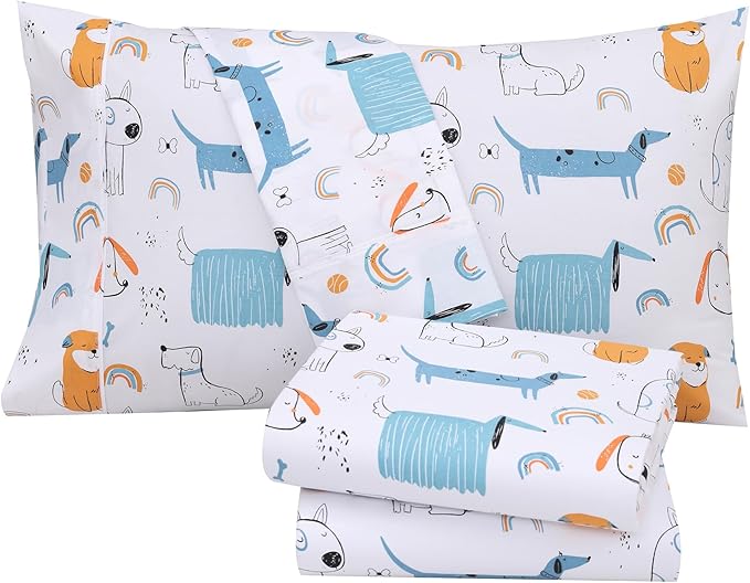 RUVANTI 100% Cotton Sheets Queen Size Set, 4 Pieces, Soft & Breathable Percale Weave Bedding, Deep Pocket 16", Hotel Standard, Crisp Cool Feeling, Durable, Perfect Floral Bed Sheet, Puppy Me