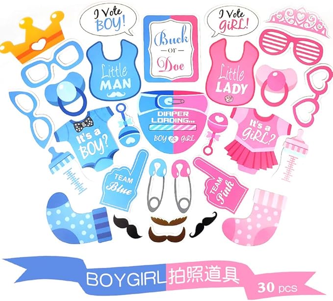 30Pcs Gender Reveal Photo Booth Props Boy or Girl Theme Selfie Props Baby Shower Gender Prediction Decor He or She Photography Backdrop for Gender Reveal Baby Shower Party Supplies