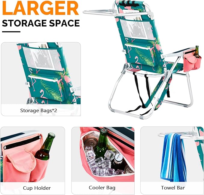 VINGLI Tall Beach Chair 2 Pack Lightweight, Backpack Beach Chair for Adults with 5-Position, Cooler Bag, Cup Holders, Towel Bar, Lightweight Folding Beach Camping Chairs