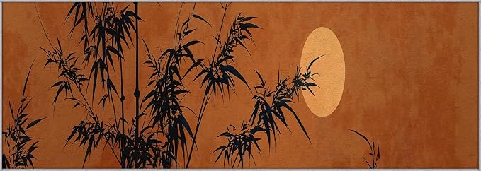 Oriental Bamboo Runner Rug 4x8, Full Moon Sunset Design, Asian Zen Nature Area Rug, Washable Non-Slip Floor Carpet Runner for Bedroom, Dining Room, Living Room Aisle