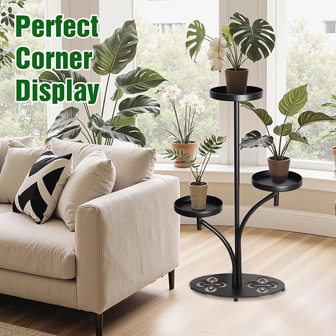 3 Tier Metal Plant Stand Indoor Outdoor, Tall Black Plant Shelf, Heavy-duty Base in the Shape of a Four-leaf Clover, Tiered Modern Corner Shelf, Suitable for Courtyard, Patio, Living Room, (2 Pack)