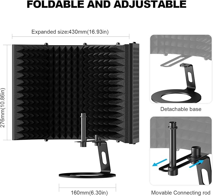 Aokeo Microphone Isolation Shield, Foldable Mic Shield with Triple Sound Insulation, Reflection Filter with 3/8" and 5/8" Mic Threaded Mount for Recording Studio, Podcasts, Singing, and Broadcasting