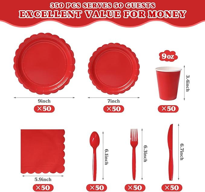 Vyntra 350 PCS Disposable Plates for Party, Paper Plates & Napkins Set with Cups, Knives, Forks, Spoons, 7'' Dessert and 9'' Dinner Plates for Birthday, Christmas, Valentine's Day - Red