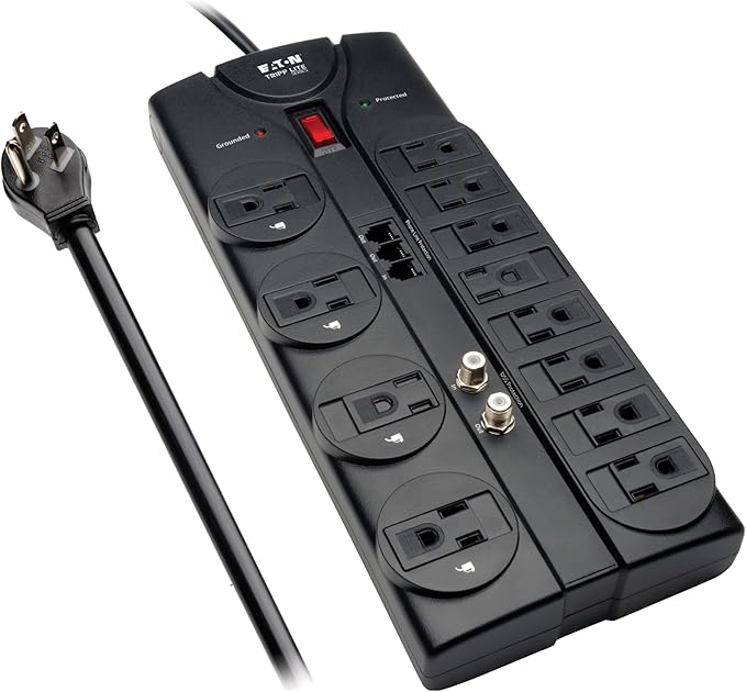 Eaton Tripp Lite TLP1208TELTV Home Theater Surge Protector Power Strip, 12 Outlets, Flat Plug 8ft Extension Cord, 2160 Joules| Coax and RJ11 Ports for Phone Land Line, TV, and WiFi Router Protection