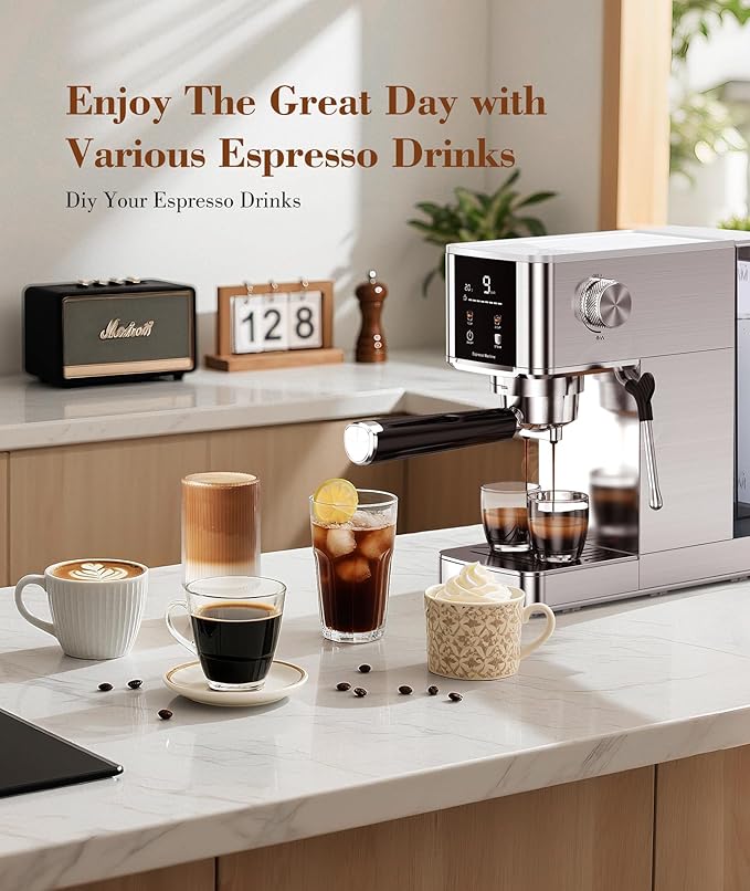 Kndko 20Bar Craft Coffee Machine with Milk Frother, Upgraded 1350W Expresso Coffee Machines with Touchscreen, Stainless Steel Espresso Machine Small for Home - Cappuccino Latte & Americano