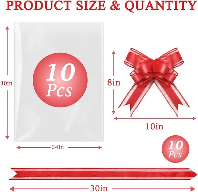PigPotParty 24"x30" Clear Cellophane Gift Bags - Includes Bows – 10 Pack Large Cellophane Wrap for Gift Baskets, Plastic Gifts Bags for Gift Giving