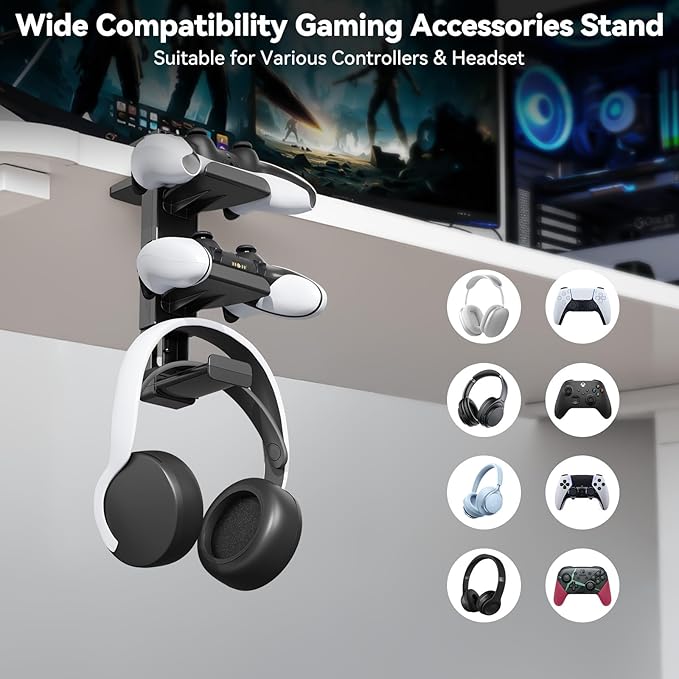 Controller Holder & Headphone Stand Under Desk with Adjustable Clamp, Controller Stand & Headset hanger for Desk Mount with 360° Rotating Hook & Cable Organizer 3-in-1 Game Organizer, PC Game Headsets