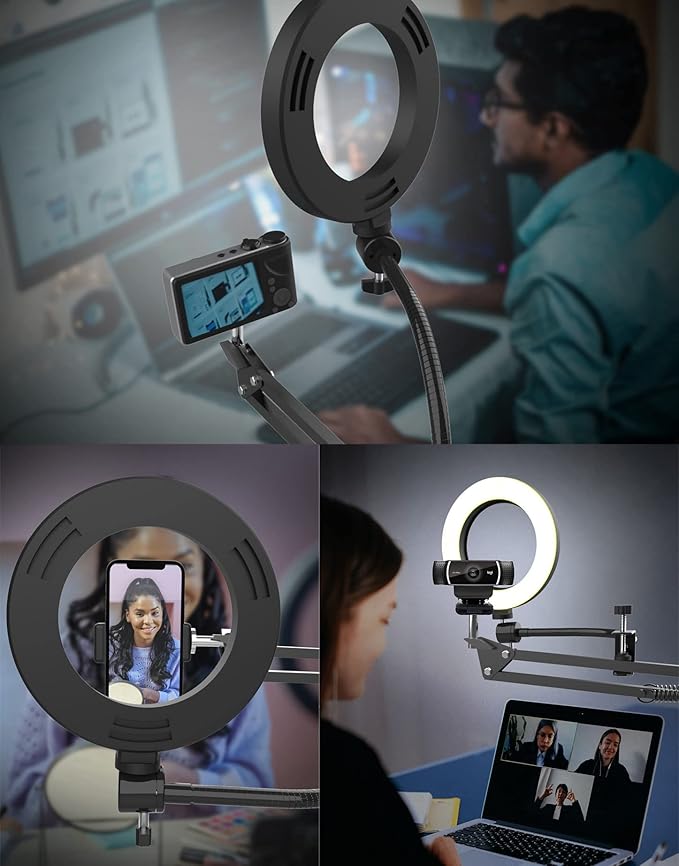 Overhead Camera Mount with Ring Light, Flexible Articulating Phone Arm Stand Compatible with iPhone, Logitech Webcam, Desk Tripod for YouTube Live Stream Cooking Nail Video Recording