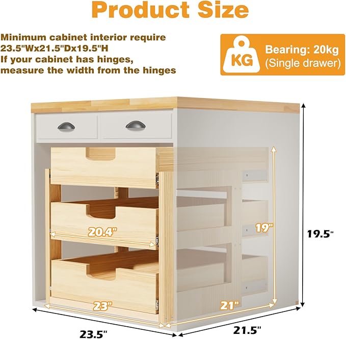 Gsskny Pull Out Cabinet Organizer, 23''W×21''D Sliding Drawers for Cabinets, 3 Tier Soft Close Slide Out Wooden Pull out Drawers, Base Cabinet Organization for Kitchen, Pantry, Bathroom