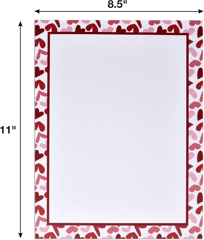 Gift Boutique - 100 Valentines Day Stationary Paper 8.5" X 11" Valentine Hearts Stationery Letterhead with Border for Writing Letters, Poems, Printing Invitation, Valentines Heart, Printable Papers