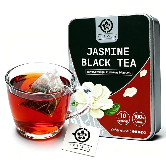 Jasmine Black Tea Bags, 3-Scented Loose Leaf in PLA teabag - Bitterness-Free, Naturally Sweet & Mellow, 10 Count Portable Tin
