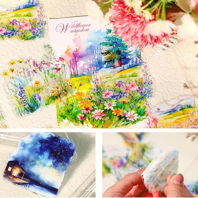 120PCS Large PET Nature Scenery Stickers for Journaling, 2.76 x 2.76 inches, 6 Assorted Landscape Scrapbook Stickers for Scrapbooking, Craft Art, Bujo, Junk Journal Supplies, Collage Decorative