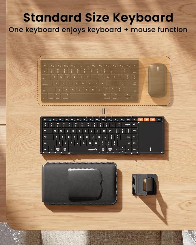 ProtoArc Foldable Keyboard with Touchpad, XK01 TP Folding Portable Keyboard, Full Size Keys, Large Trackpad Bluetooth Travel Keyboards for Laptop PC Tablet - Black