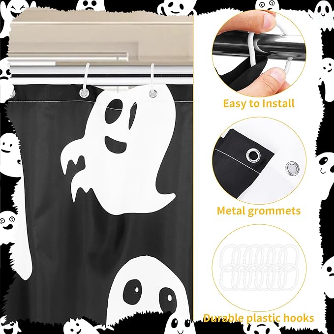 Halloween Shower Curtain, Spooky Cute Ghosts Cartoon Print, Black & White Fabric Bathroom Decor for Boys, Trick or Treat - Includes 12 Hooks and Ghost Decorations, 72x72 Inch