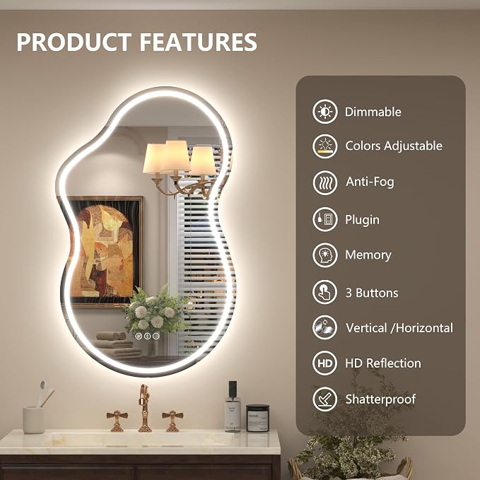 Irregular Backlit Bathroom Mirror with Lights 20x36 Inch, Asymmetrical Cloud-Shaped Led Lighted Vanity Mirror, Fogless, Dimmable, Shatterproof, Memory (Horizontal/Vertical)