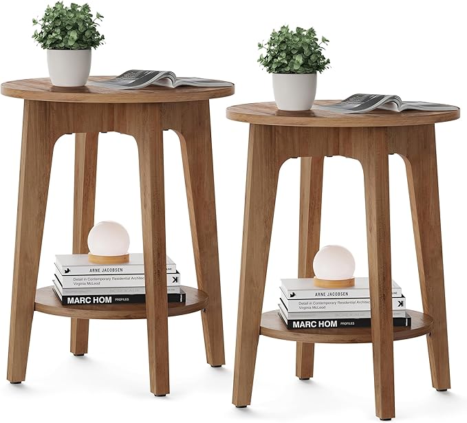 VASAGLE MAEZO Collection - Set of 2 Side Tables, 2-Tier Small Round End Tables, Nightstands with Tapered Legs, Curved Transitions, for Small Spaces, Living Room, Bedroom, Rustic Walnut ULET289K01