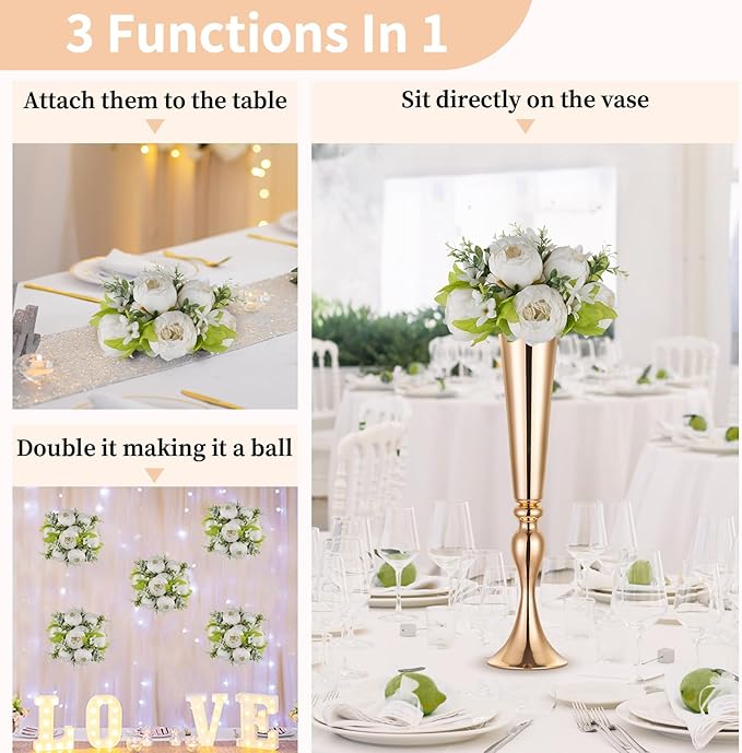 NUPTIO Peony Artificial Flowers for Centerpieces: 10 Pcs 9.4 inch Diam White Faux Peony Flowers Fake Flower Balls Arrangement Bouquet Wedding Centerpieces for Tables Wedding Centerpiece