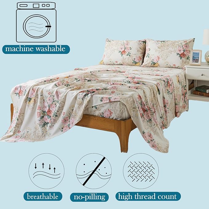 Zusbest Full Floral Bed Sheets, Soft 100% Cotton Pink & Cream Sheets, Shabby Vintage Chic Peony Flower Printed Paisley Bed Set, Breathable Luxury Bedding 4 Piece Deep Pocket 17.5‘’