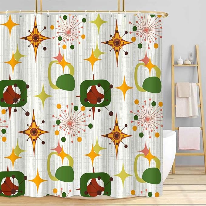 Mid Century Shower Curtain, 60x72inch, Modern Abstract Retro Green Striped Geometric Shower Curtain Sets 1950s Boho Bathroom Shower Curtain with 10 Hooks