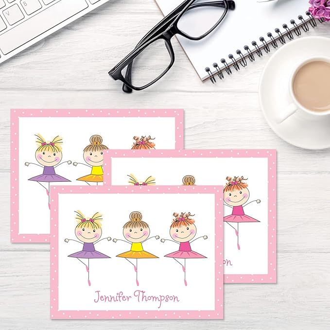Current Tiny Dancer Ballet Kids Personalized Note Cards - 24 Cards with White Envelopes, 4¼ x 5½ Inch Size, Blank Stationery, Add Names or Text, For Thank You Notes, Invitations, & Announcements