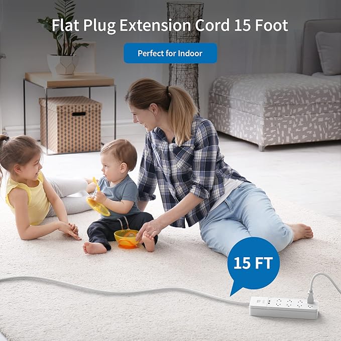Flat Plug Extension Cord 15Ft - NTONPOWER 8 Outlets Surge Protector Power Strip with 2 USB, Overload Protection, 1080 Joules, ETL Listed, 15A/1850W, Wall Mountable for Home Office and Workbench, White
