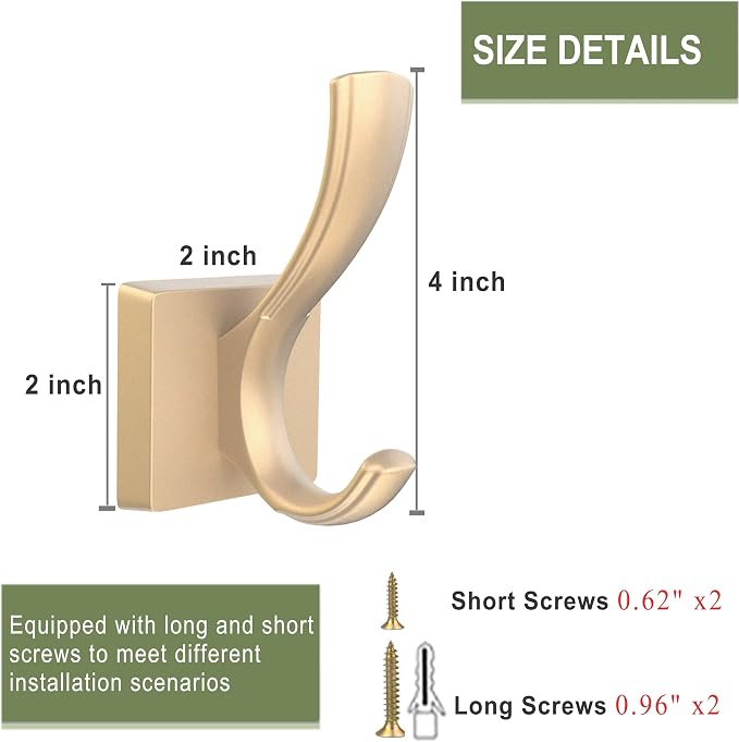 TOFIIGREM Gold Coat Hooks, Towel Robe Hooks Bathroom Entryway Mudroom Pool Hooks for Wall Mount Hanging Towels Bathrobe Key Hat Backpack (2 Pack, Gold)